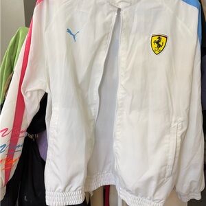 Puma White Jacket with Ferrari Emblem and Colorful Accents